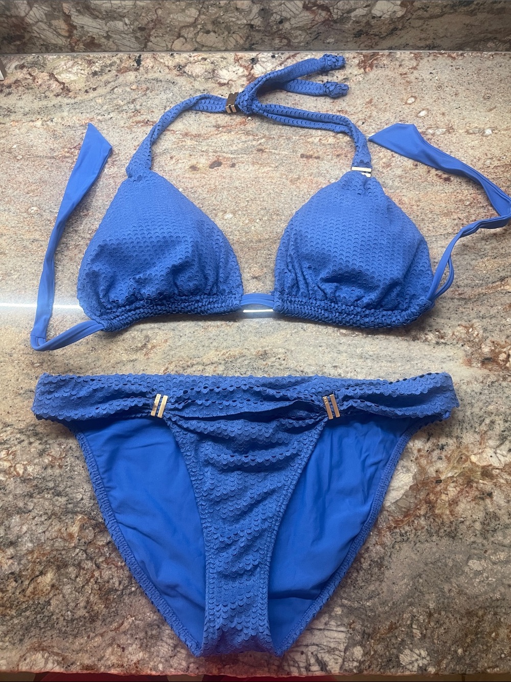 VIX - Blue Textured Halter Bikini Set S: M & D Cup